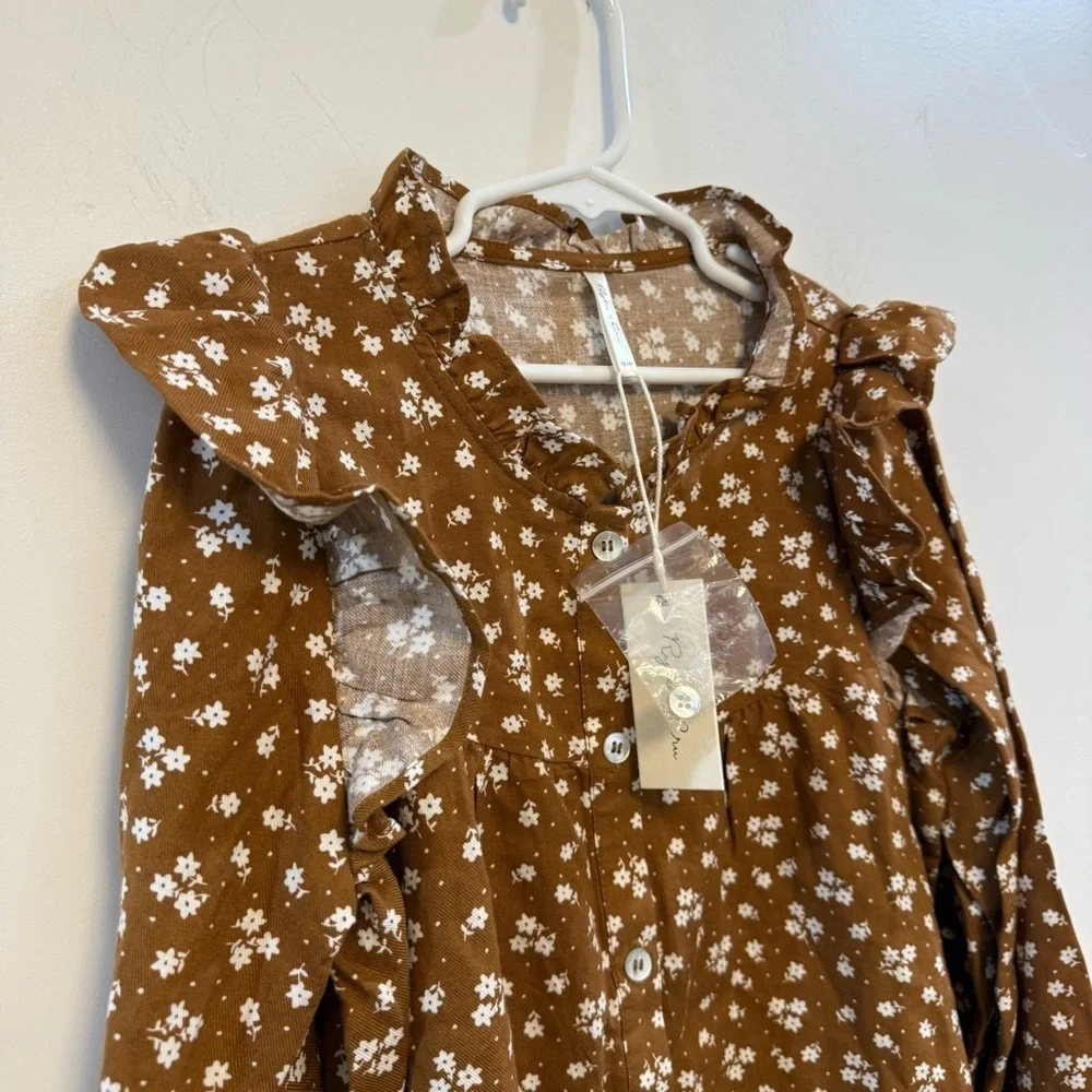 RYLEE + CRU brown & cream Victoria Blouse | Camel floral sz 12-14yr